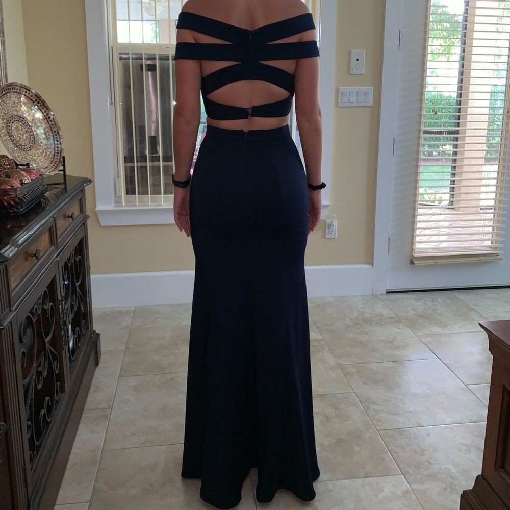 La Femme 24520 Exquisite Off-Shoulder Navy Gown